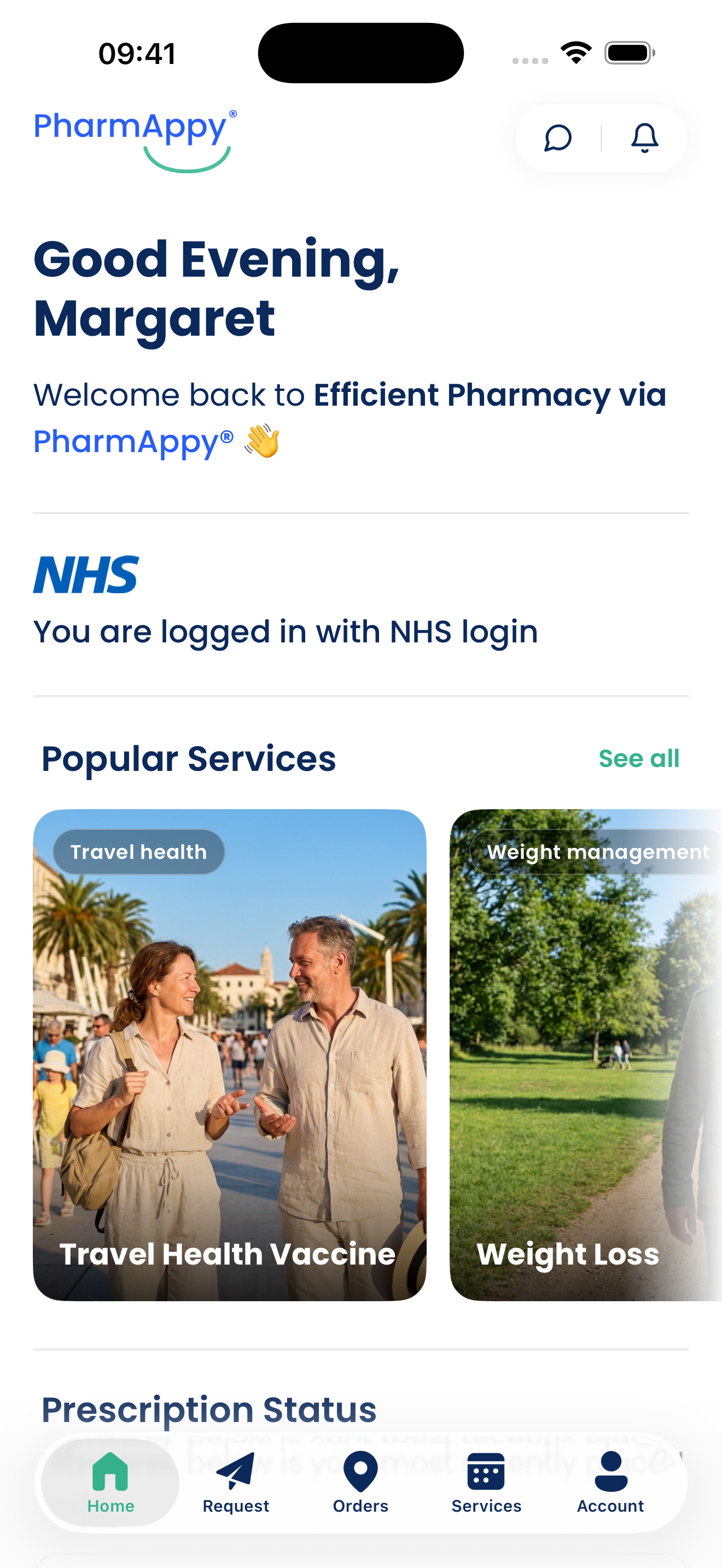 The [DEV-BUILD] Northgate Pharmacy app on PharmAppy, showing NHS login, popular services and prescription status